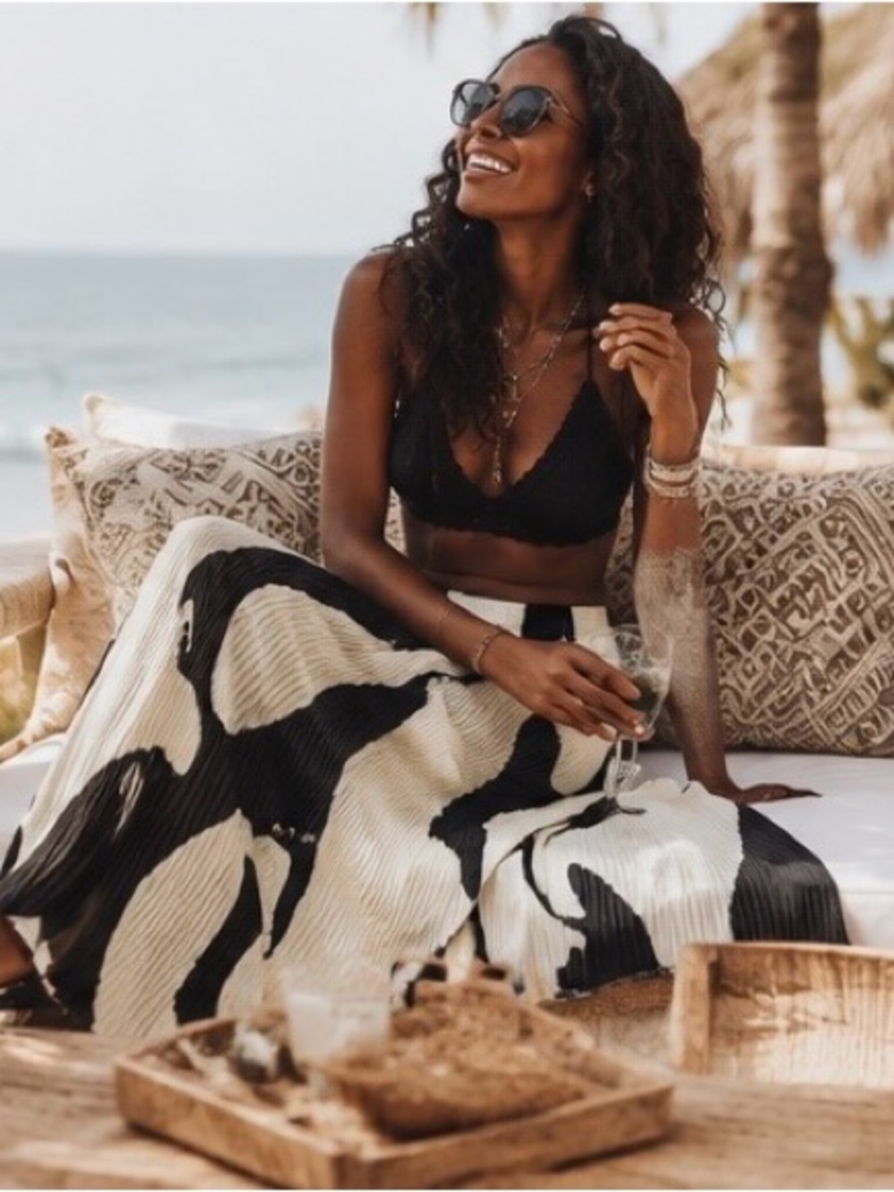 Endless Moon NWT Pleated Texture Maxi Skirt Black & Ivory Abstract Print